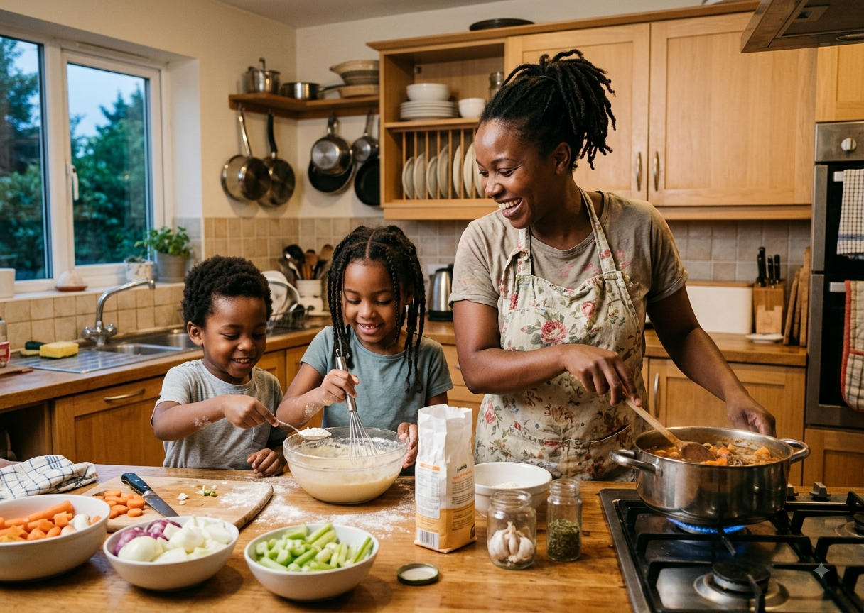 Kayla cooking with her kids